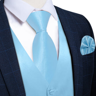 Sky Blue Solid Satin Waistcoat Vest Tie Handkerchief Cufflinks Set