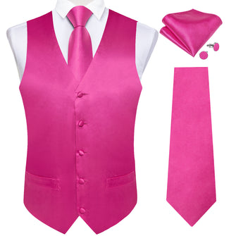 Rose Red Solid Satin Waistcoat Vest Tie Handkerchief Cufflinks Set