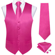 Rose Red Solid Satin Waistcoat Vest Tie Handkerchief Cufflinks Set