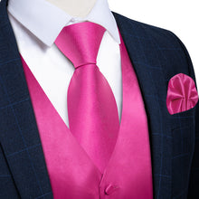 Rose Red Solid Satin Waistcoat Vest Tie Handkerchief Cufflinks Set