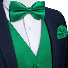 green solid mens tie bow tie set with mens silk suit vest