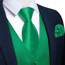 Green Solid Satin Waistcoat Vest Tie Handkerchief Cufflinks Set