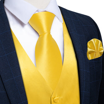 Yellow Solid Satin Waistcoat Vest Tie Handkerchief Cufflinks Set