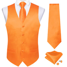 Orange Solid Satin Waistcoat Vest Tie Handkerchief Cufflinks Set
