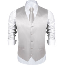 Silver Grey Solid Satin Waistcoat Vest Tie Handkerchief Cufflinks Set