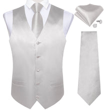 Silver Grey Solid Satin Waistcoat Vest Tie Handkerchief Cufflinks Set