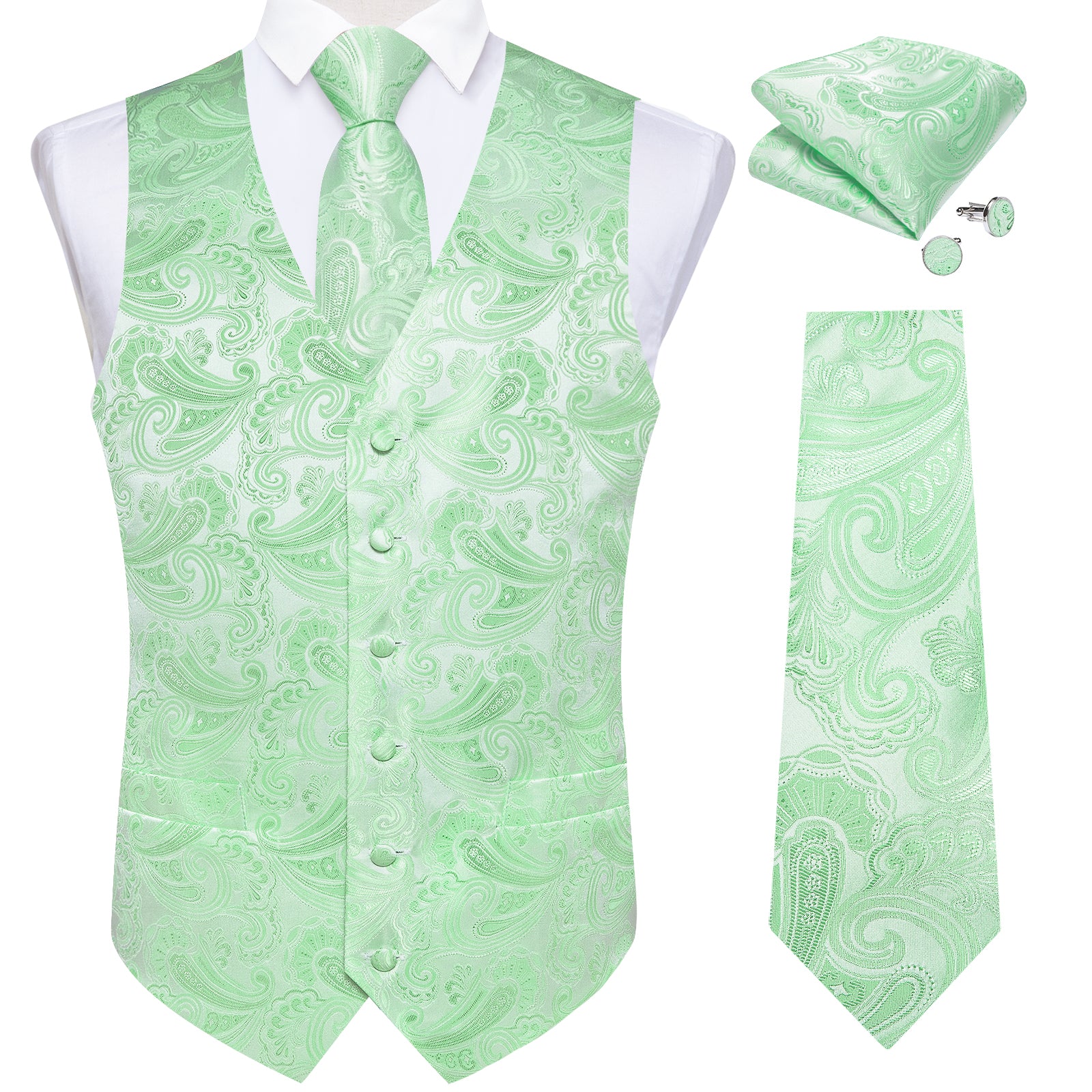 sage green vest and tie