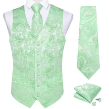 Men's Classic Green Floral Jacquard Silk Waistcoat Vest Tie Handkerchief Cufflinks Suit Set