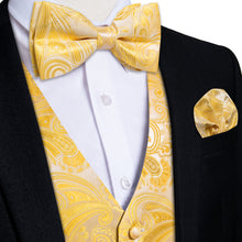 Yellow Floral Jacquard Silk Waistcoat Vest Bowtie Pocket Square Cufflinks Set