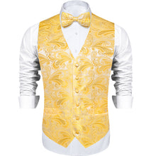 Yellow Floral Jacquard Silk Waistcoat Vest Bowtie Pocket Square Cufflinks Set