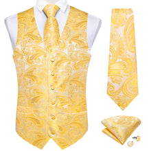Men's Classic Yellow Floral Jacquard Silk Waistcoat Vest Tie Handkerchief Cufflinks Suit Set