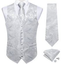 White Grey Floral Jacquard Silk Waistcoat Vest Necktie Bowtie Handkerchief Cufflinks Set