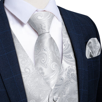 White Grey Floral Jacquard Silk Waistcoat Vest Tie Pocket Square Cufflinks Set