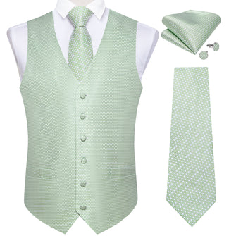 Men's Classic Green Polka Dot Jacquard Silk Waistcoat Vest Tie Handkerchief Cufflinks Suit Set