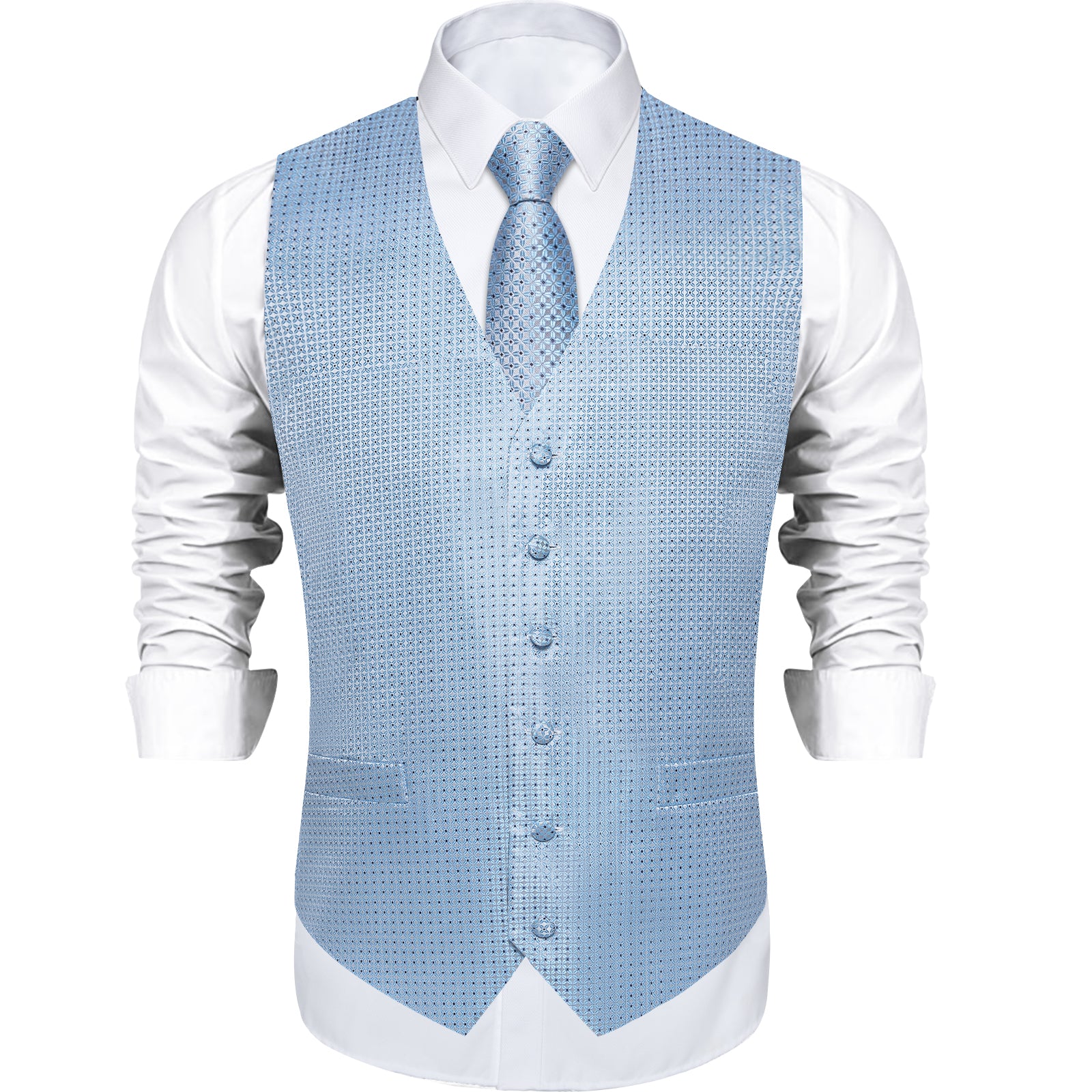 Men's Classic Blue Plaid Jacquard Silk Waistcoat Vest Tie Handkerchief Cufflinks Suit Set