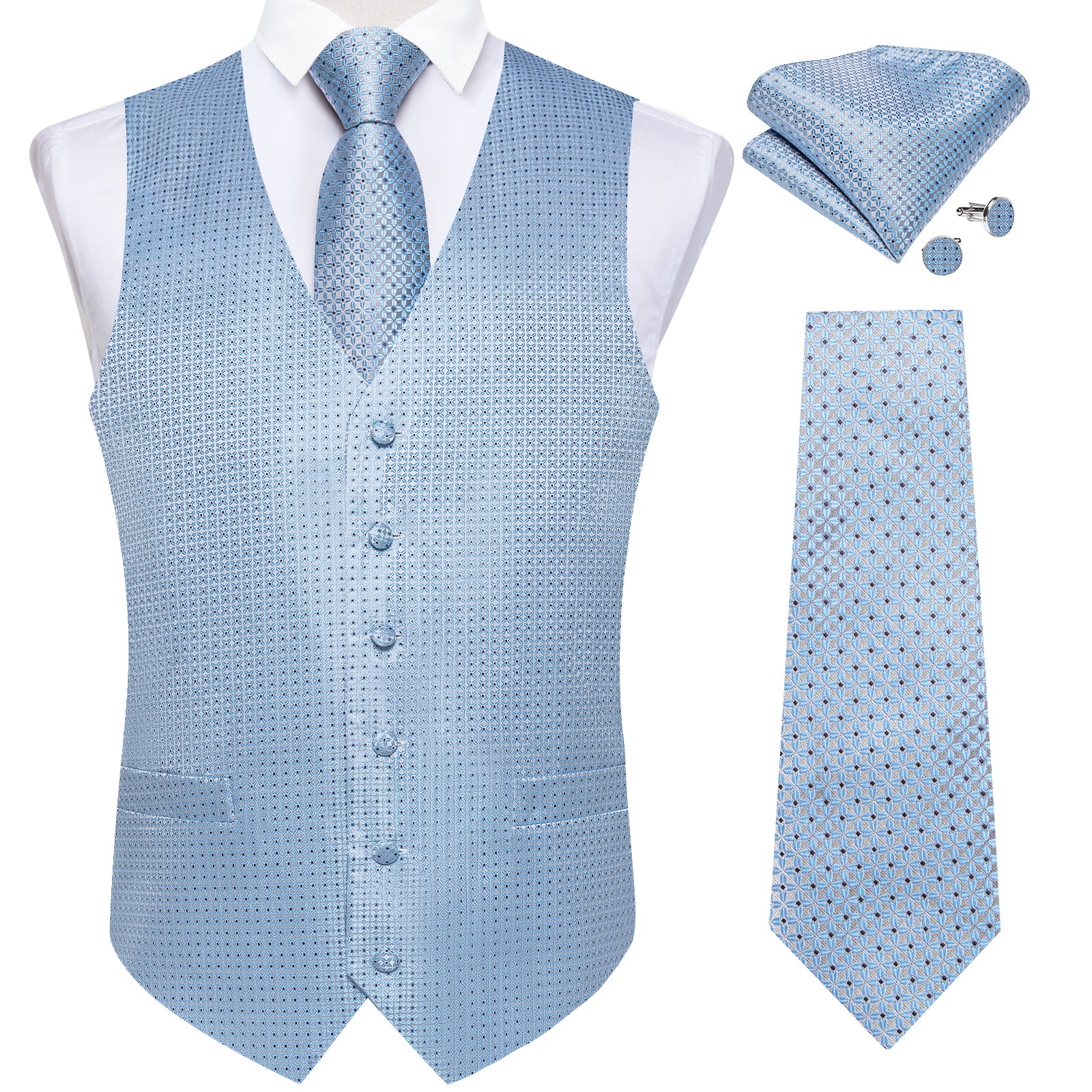 Men's Classic Blue Plaid Jacquard Silk Waistcoat Vest Tie Handkerchief Cufflinks Suit Set