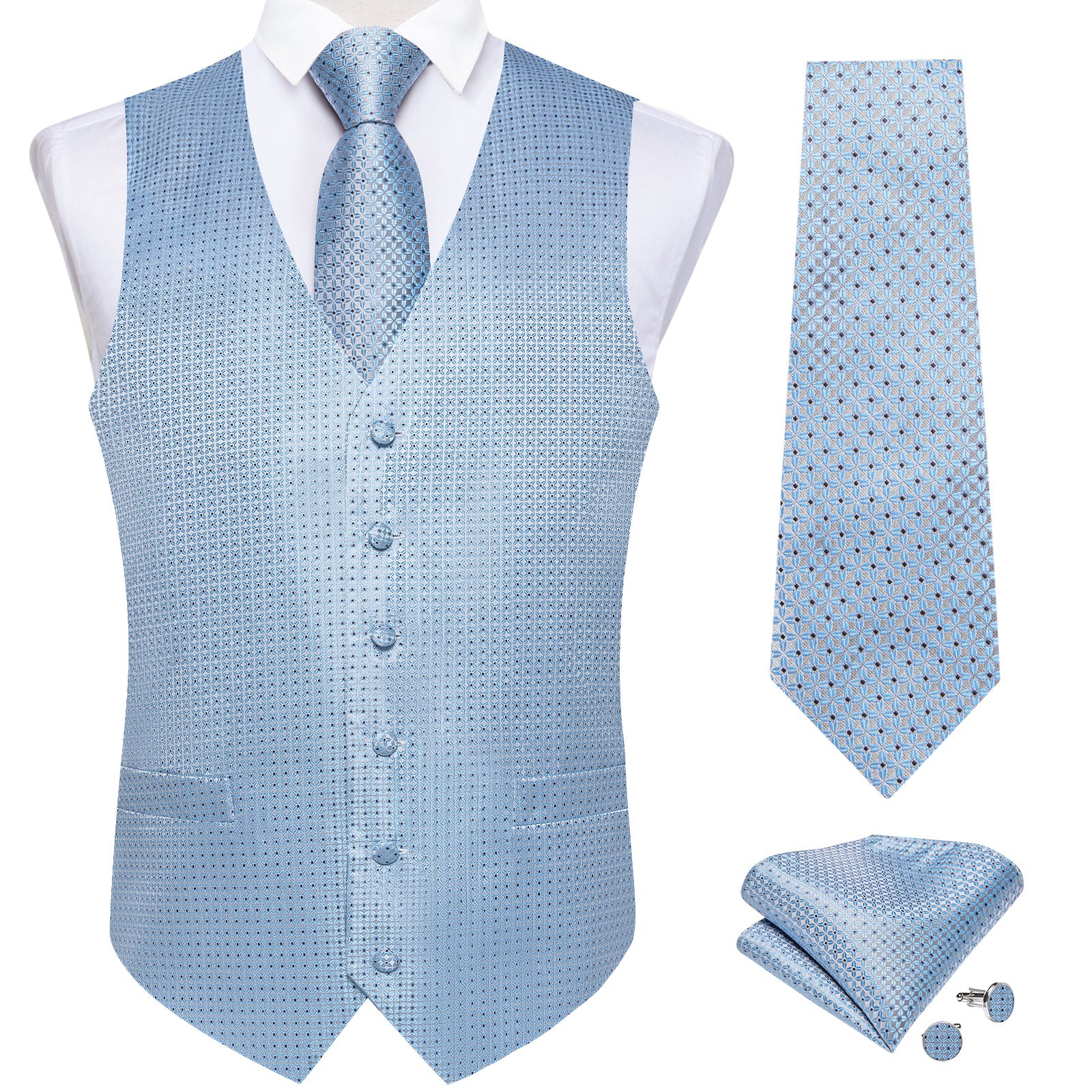 Men's Classic Blue Plaid Jacquard Silk Waistcoat Vest Tie Handkerchief Cufflinks Suit Set