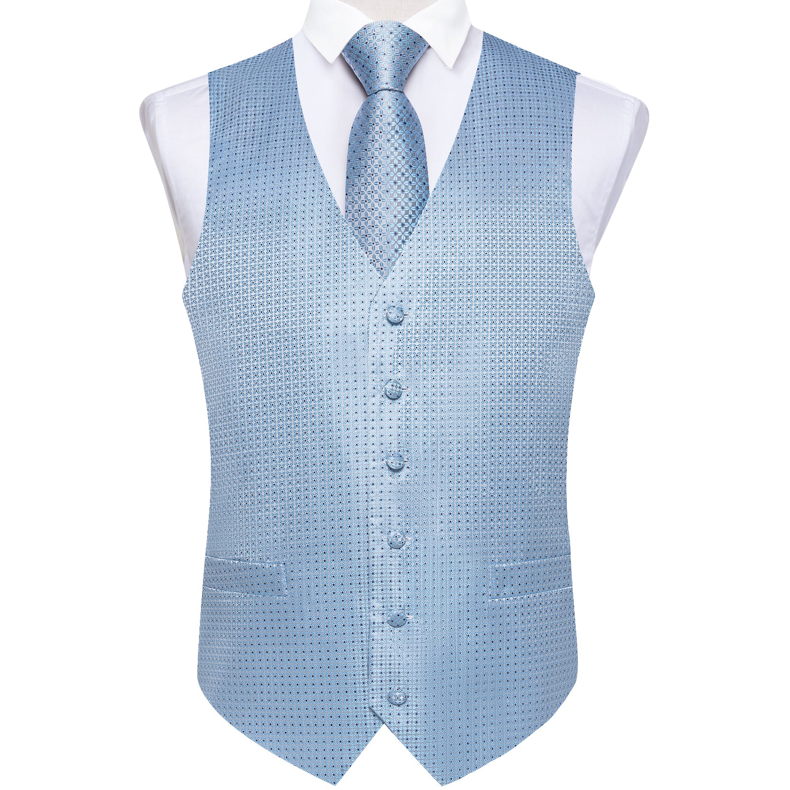 Men's Classic Blue Plaid Jacquard Silk Waistcoat Vest Tie Handkerchief Cufflinks Suit Set
