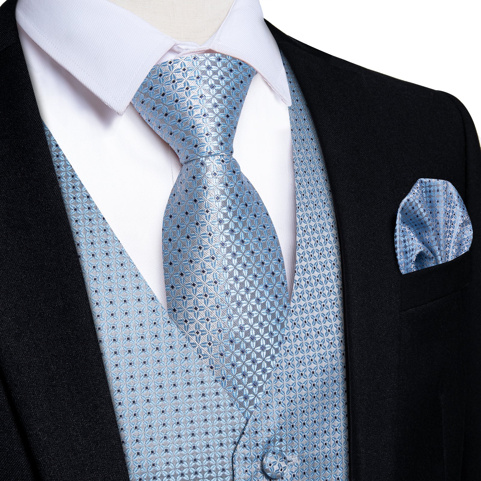 Men's Classic Blue Plaid Jacquard Silk Waistcoat Vest Tie Handkerchief Cufflinks Suit Set