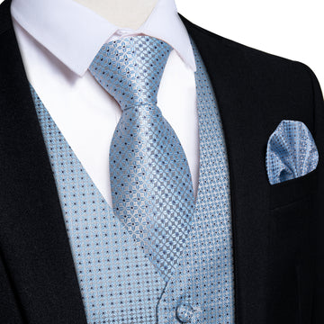 Men's Classic Blue Plaid Jacquard Silk Waistcoat Vest Tie Handkerchief Cufflinks Suit Set