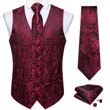Black Red Floral Jacquard Silk Waistcoat Vest Tie Pocket Square Cufflinks Set