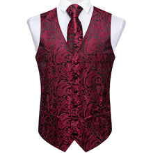Black Red Floral Jacquard Silk Waistcoat Vest Tie Pocket Square Cufflinks Set