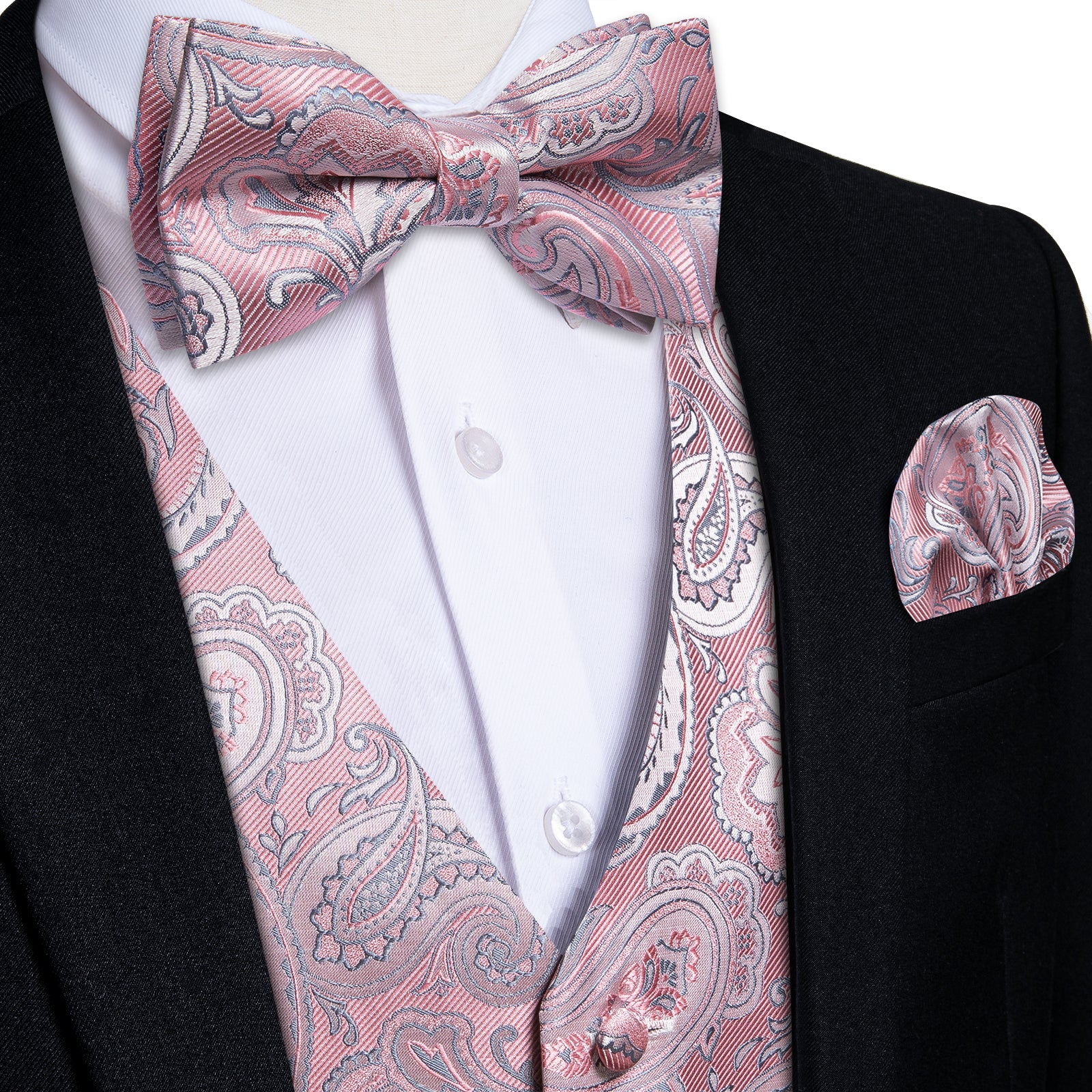 pink tux vest and bowtie pocket square cufflinks set