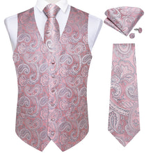 Men's Classic Pink Paisley Jacquard Silk Waistcoat Vest Tie Handkerchief Cufflinks Suit Set