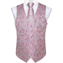 Men's Classic Pink Paisley Jacquard Silk Waistcoat Vest Tie Handkerchief Cufflinks Suit Set