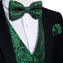 Green Floral Jacquard Silk Waistcoat Vest Bowtie Pocket Square Cufflinks Set