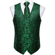 Men's Classic Green Floral Jacquard Silk Waistcoat Vest Tie Handkerchief Cufflinks Suit Set