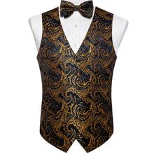  Black Gold Jacquard Floral Silk Vest Bow Tie Set