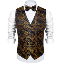  Black Gold Jacquard Floral Silk Vest Bow Tie Set