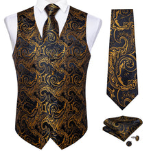 Black Gold Jacquard Floral Silk Vest Necktie Set