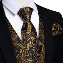 Black Gold Floral Silk Vest Tie and Bow Tie Set