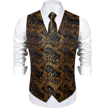 Black Gold Jacquard Floral Silk Vest Necktie Set