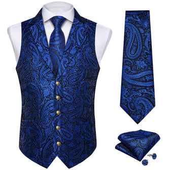 Navy Blue Paisley Silk Waistcoat Suit Vest Tie Set