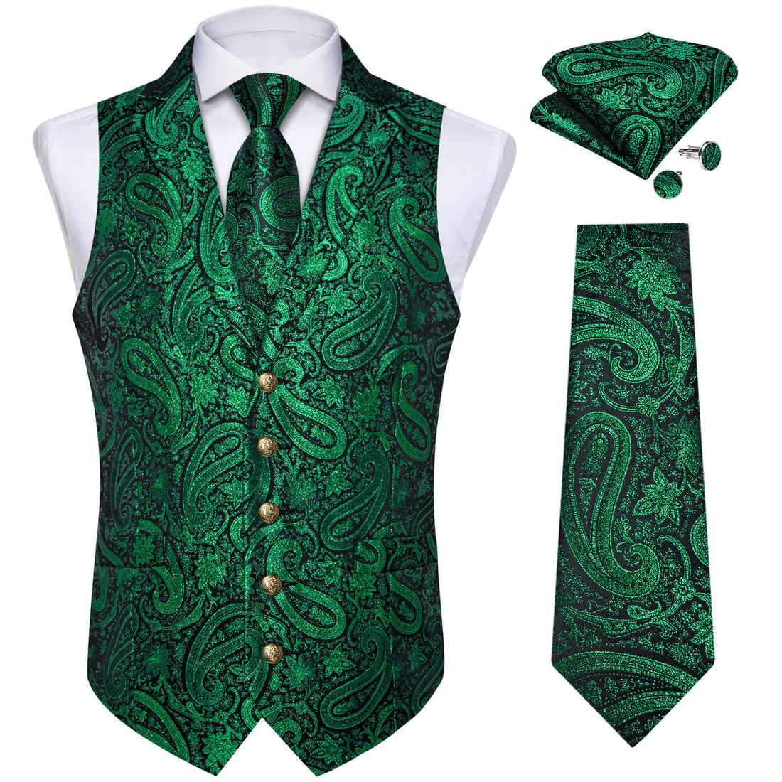 Dark Green Paisley Silk Waistcoat Suit Vest Tie 
