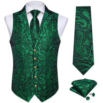 Dark Green Paisley Silk Waistcoat Suit Vest Tie 