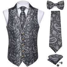 Silver Grey Paisley Silk Suit Vest Tie Bow Tie Set