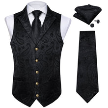  Obsidian Black Woven Paisley Silk Suit Vest Tie Set