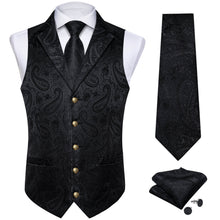Obsidian Black Paisley Silk Suit Vest Tie Bow Tie Set