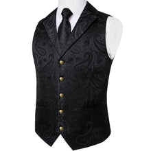  Obsidian Black Woven Paisley Silk Suit Vest Tie Set