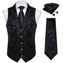 Midnight Black Woven Floral Silk Suit Vest Tie Set