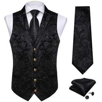 Midnight Black Woven Floral Silk Suit Vest Tie Set