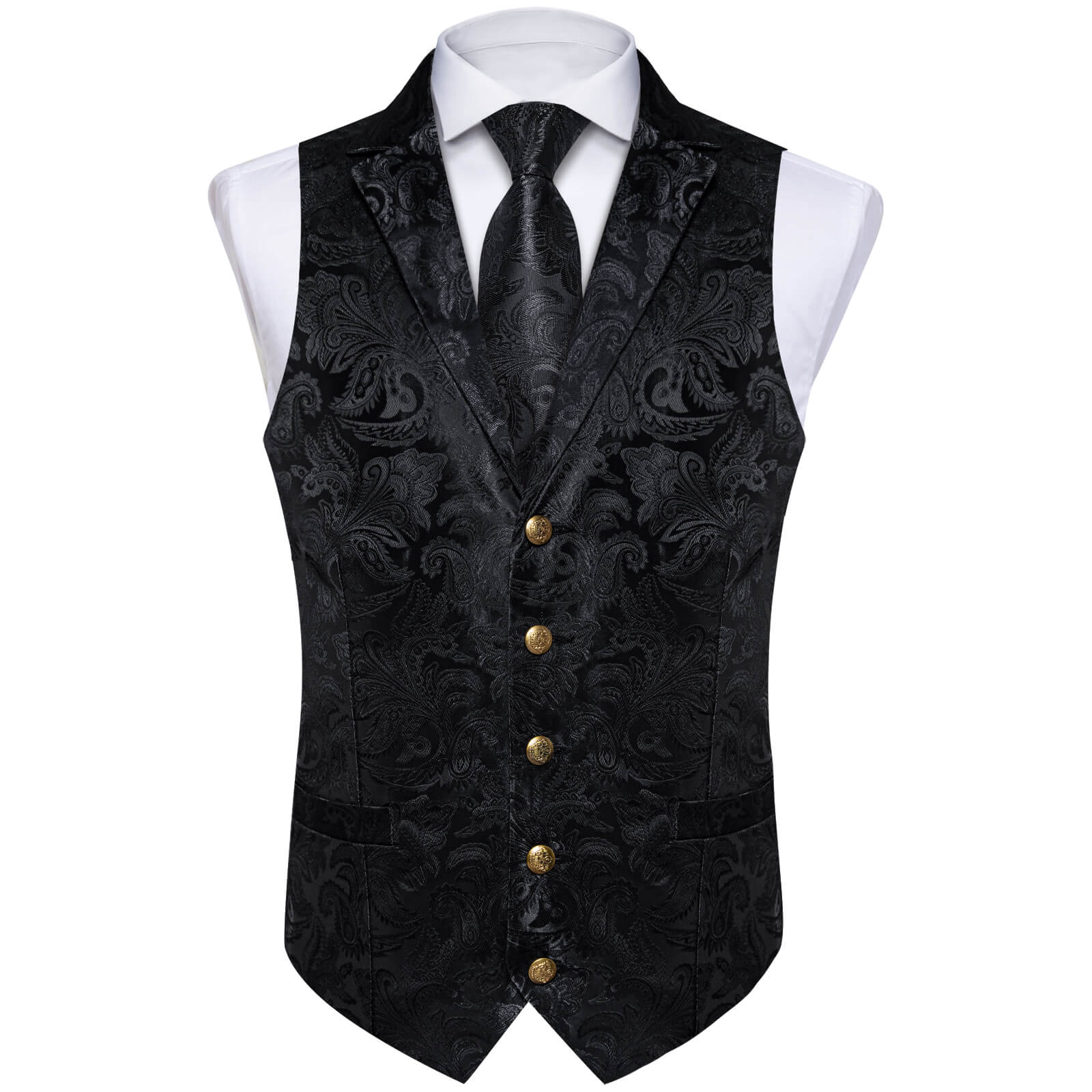 Midnight Black Woven Floral Silk Suit Vest Tie Set