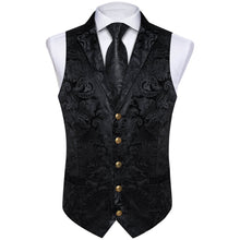 Midnight Black Floral Silk Suit Vest Tie Bow Tie Set