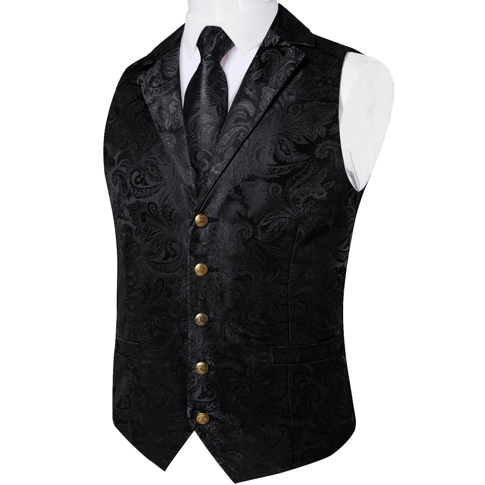Midnight Black Woven Floral Silk Suit Vest Tie Set