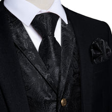 Midnight Black Woven Floral Silk Suit Vest Tie Set