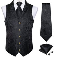 Black Paisley Jacquard V Neck Waistcoat Vest Tie Handkerchief Cufflinks Set